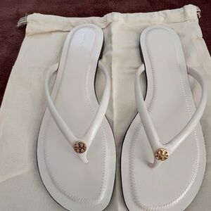 Tory Burch White Sandals with Gold Emblem